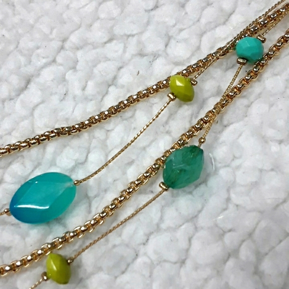 NWT New York & Company Necklace Quadruple Layer Single Fastener Gold Blue Green - Picture 9 of 9